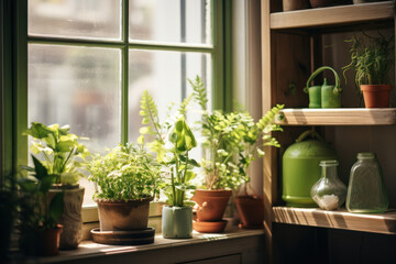 Fototapeta na wymiar a window sill filled with potted plants on top of a window sill next to a window sill.