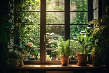  a window sill filled with potted plants next to a window sill with a view of a garden.