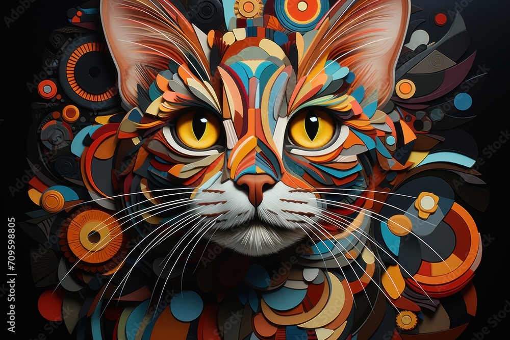 Poster a close up of a cat's face on a black background with colorful circles and circles around the cat's 