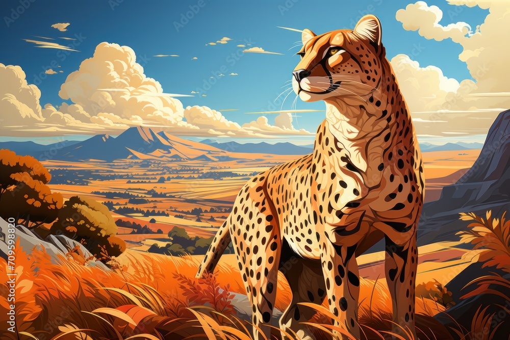 Poster  a painting of a cheetah standing in the middle of a field with mountains and clouds in the background.