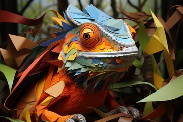  a close up of a paper sculpture of a lizard with orange, yellow, blue, and green colors on it's face.