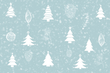 Weihnachtlicher Hintergrund mit verschiedenen Weihnachtsbäumen und Weihnachtsschmuck