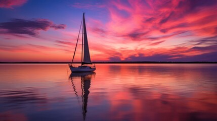  a sailboat floating on top of a body of water under a pink and blue sky with clouds in the background.
