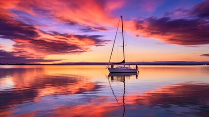  a sailboat floating on top of a body of water under a purple and blue sky with a few clouds.