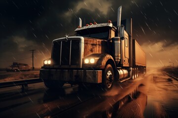  a large semi truck driving down a road in the middle of a dark sky with rain coming down on it.