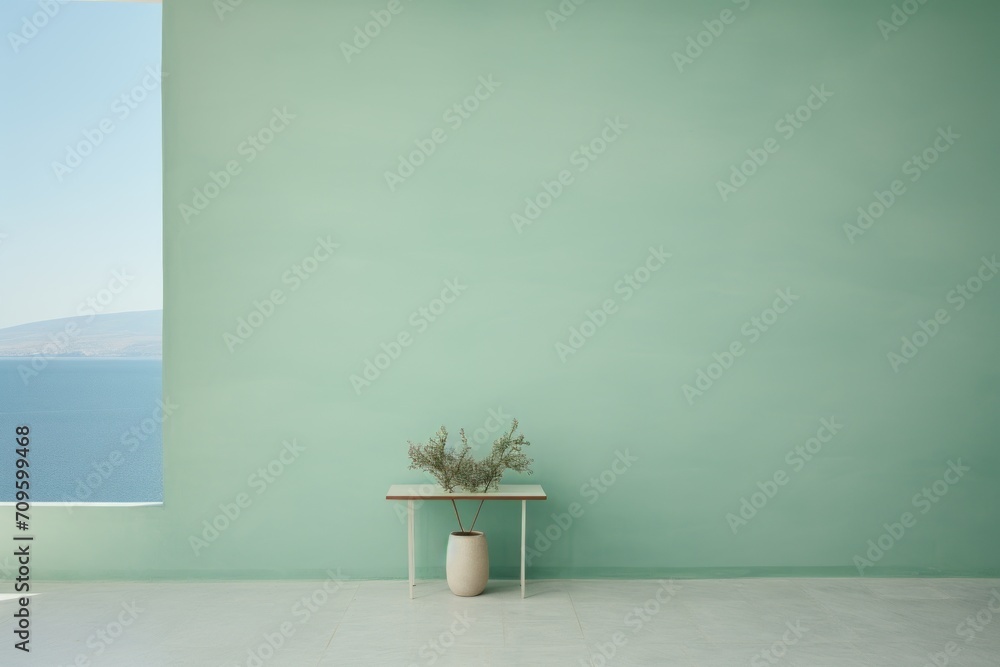 Poster a vase with a plant in it sitting on a table in a room with a large window overlooking the water.