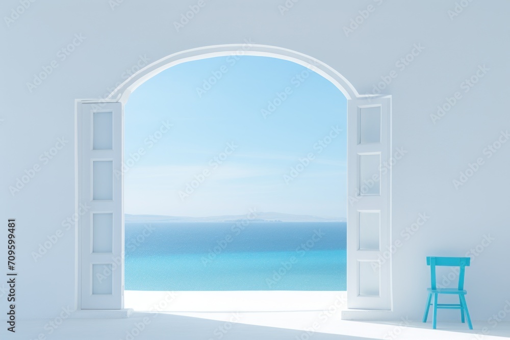 Poster a white room with an open door and a blue chair in front of a large open window with a view of the o