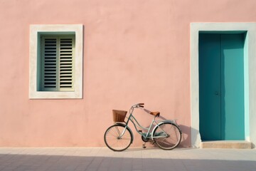 Fototapeta na wymiar a bicycle parked in front of a pink building with a blue door and window on the side of the building.