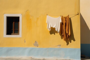  a yellow wall with clothes hanging on a clothes line and a window with a window pane in the background.