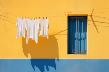  clothes hanging on a clothes line in front of a yellow building with a blue window and a blue shuttered door.