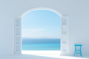  a white room with an open door and a blue chair in front of a large open window with a view of the ocean.