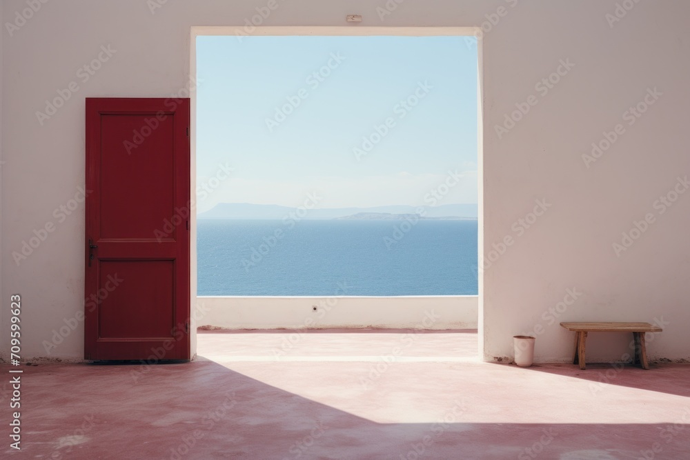 Poster an open door leading into a room with a view of the ocean and a bench in the middle of the room.