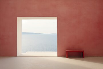 a red bench sitting in front of a red wall with an open door leading to a large body of water.