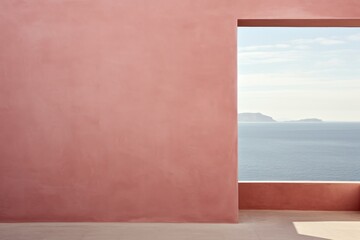  a room with a view of the ocean and a window with a view of a hill and a body of water.