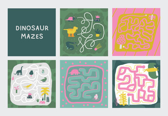 Cute dinosaur doodle mazes set with dinos, plants. Jurassic era puzzle for kids, children. Funny cartoon style labyrinth with adorable characters