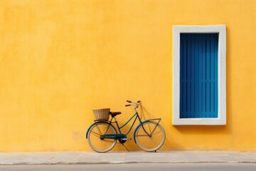 Fototapeta na wymiar a bike parked next to a yellow wall with blue shutters and a basket on the front of the bike.