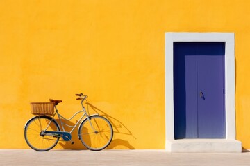 Fototapeta na wymiar a bike parked in front of a yellow wall with a blue door and a blue bench in front of it.