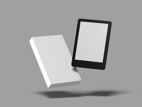 White Blank Book Cover Mockup with E-Book Reader 3D Realistic