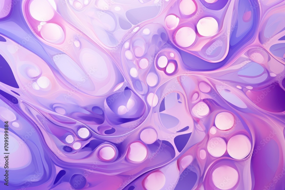 Poster a close up of an abstract painting with lots of purple and white circles on the bottom of the image 