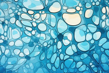  a painting of blue and white bubbles on a blue background with a white spot in the middle of the image.