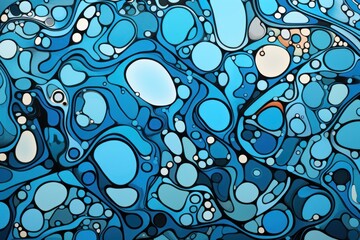  a close up of a painting of blue and white bubbles and bubbles on a blue background with bubbles and bubbles on the bottom of the image.