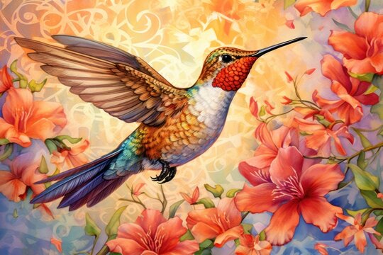  a painting of a hummingbird flying over a bunch of flowers on a blue, yellow, and pink background.