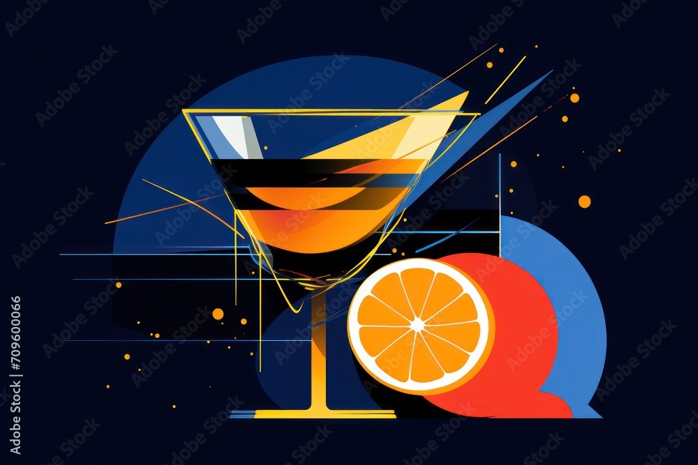 Poster a picture of a drink with a slice of orange in the foreground and a half of an orange in the foregro