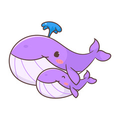 Cute purple whale mom and baby cartoon vector illustration. Adorable and kawaii animal concept design. Undersea aquatic mammals.Isolated white background.