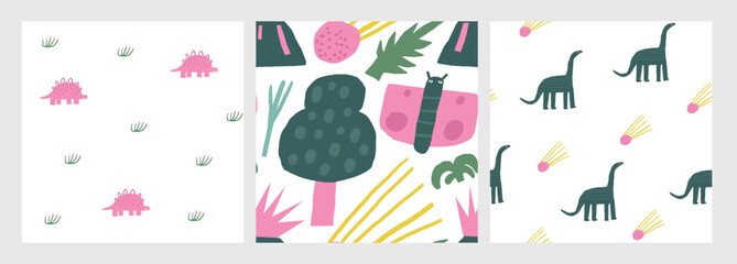 Cute dinosaur theme seamless patterns set. Funny hand drawn doodle repeatable pattern with volcano, dinos, trees, meteorite, diplodocus, stegosaurus, pterodactyl, plants. Jurassic period, era backgrou