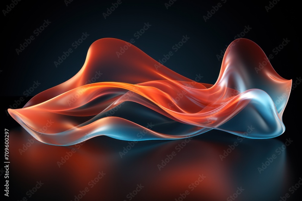 Poster a red and blue wave of smoke on a black background with a reflection of light on the bottom of the w