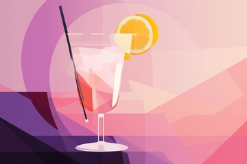  a glass filled with a drink and a slice of lemon on top of a purple and pink background with geometric shapes.