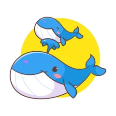 Fotobehang Cute whale mom and baby cartoon vector illustration. Adorable and kawaii animal concept design. Undersea aquatic mammals.Isolated white background. © crystal_snow