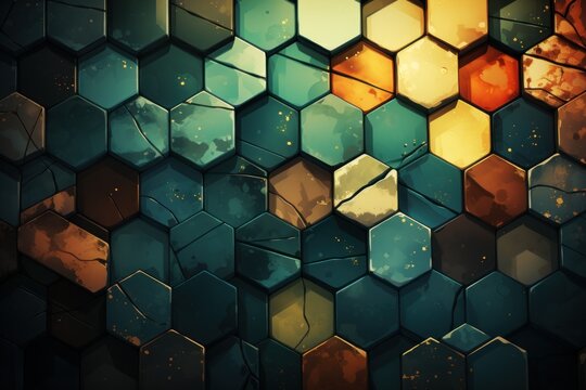  a bunch of hexagonals that are painted in different shades of blue, orange, yellow, and green.