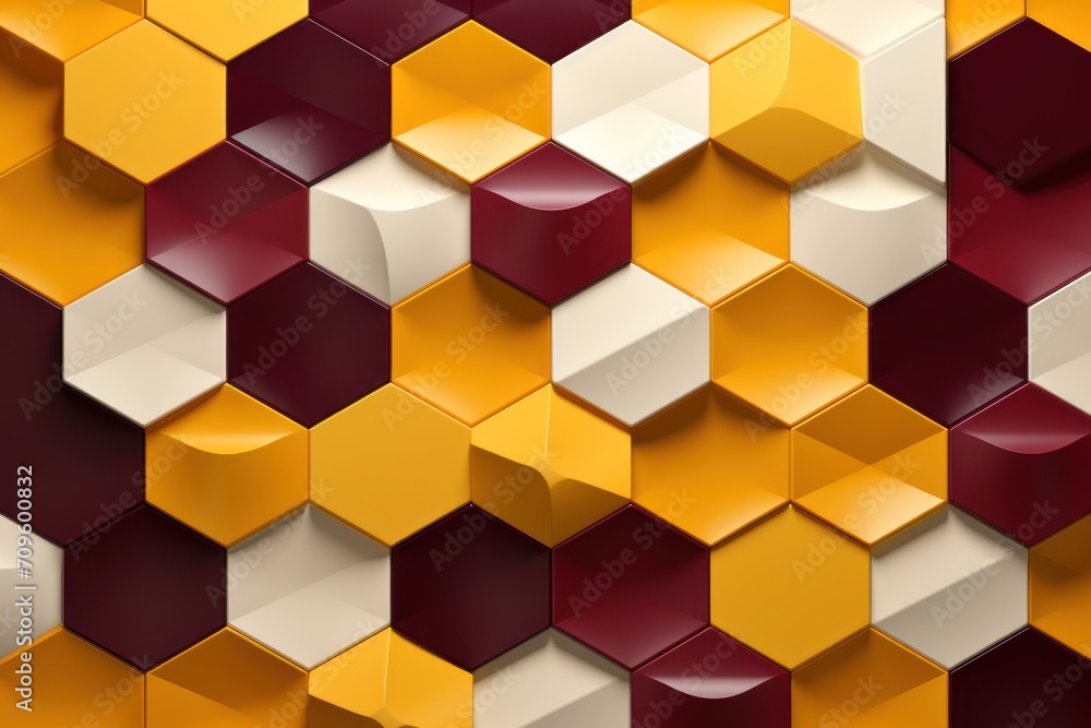 Poster a bunch of cubes that are in the shape of a hexagonal pattern with red, yellow, and white colors.