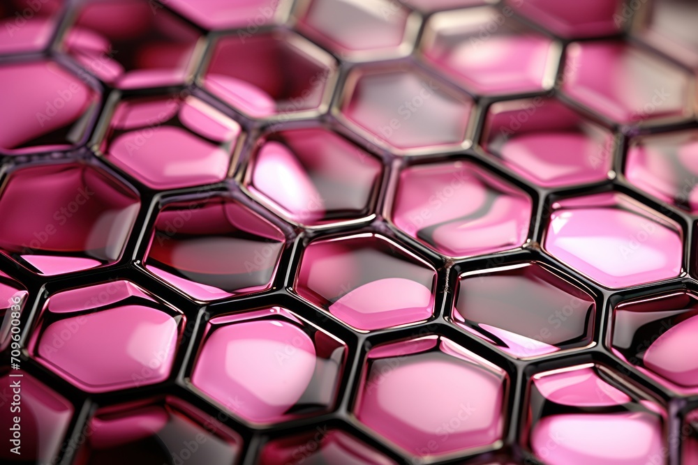 Poster a close up of a hexagonal pattern of pink and black hexagons on a white background.