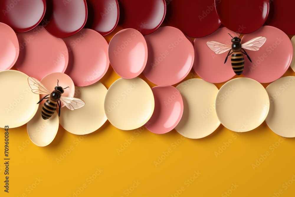 Poster a bunch of plates that have a bee on one of them and a bee on the other side of them.