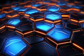  a close up of a blue and orange hexagonal pattern of hexagons on a black background.