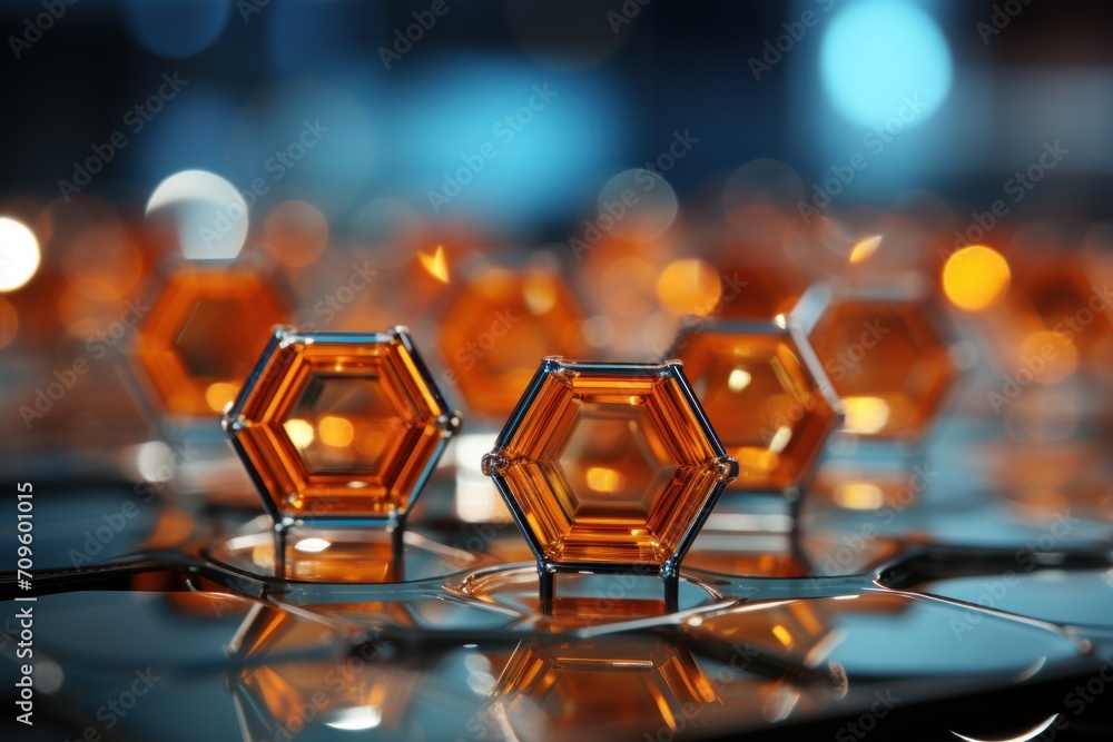 Poster a group of honeycombs sitting on top of a table next to a pair of scissors on top of a table.