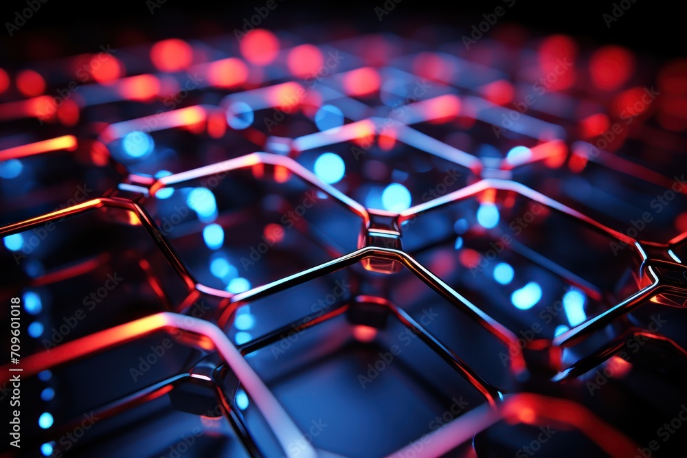 Aufkleber a close up of a computer keyboard with red, blue, and yellow hexagon tiles in the background.