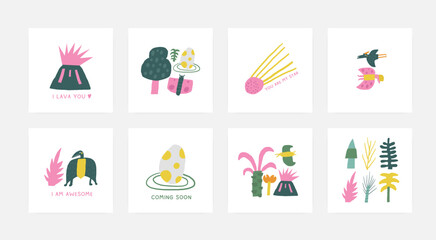 Dino postcards set with cute hand drawn doodle dinosaur, plants, palm, dino egg, comet, volacano, pterodactyl. Jurassic era cover, template, banner, poster, print Extinctic animals backgrounds © nadineveresk