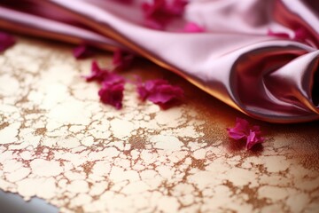  a close up of a piece of cloth with pink flowers on the ground next to it and a piece of cloth with pink flowers on the floor. - obrazy, fototapety, plakaty