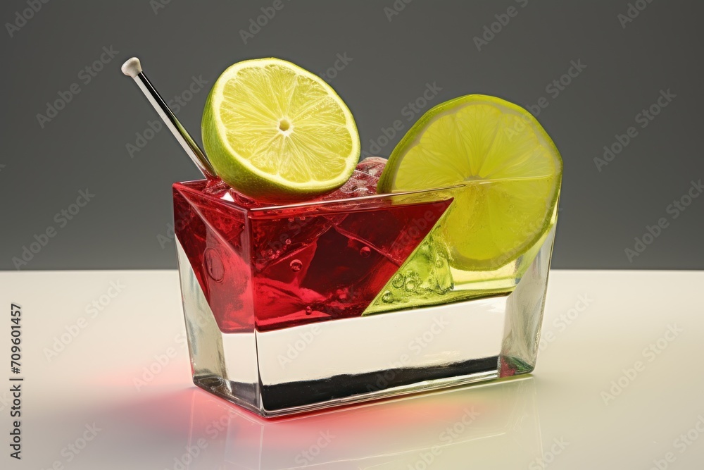 Aufkleber a red drink with a slice of lime and a straw in a square glass with a straw sticking out of it.