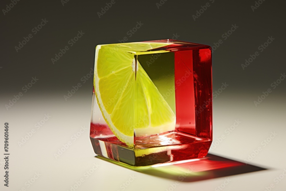 Poster a slice of lemon sitting on top of a red and green block of glass with a shadow on the floor.