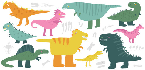 Meat eating dinosaurs set. Cute hand drawn doodle dinos collection, Tarbosaurus, Tyrannosaurus, Giganotosaurus, Spinosaurus, Velociraptor, t rex. Extinct flesh eating creatures clipart for kids
