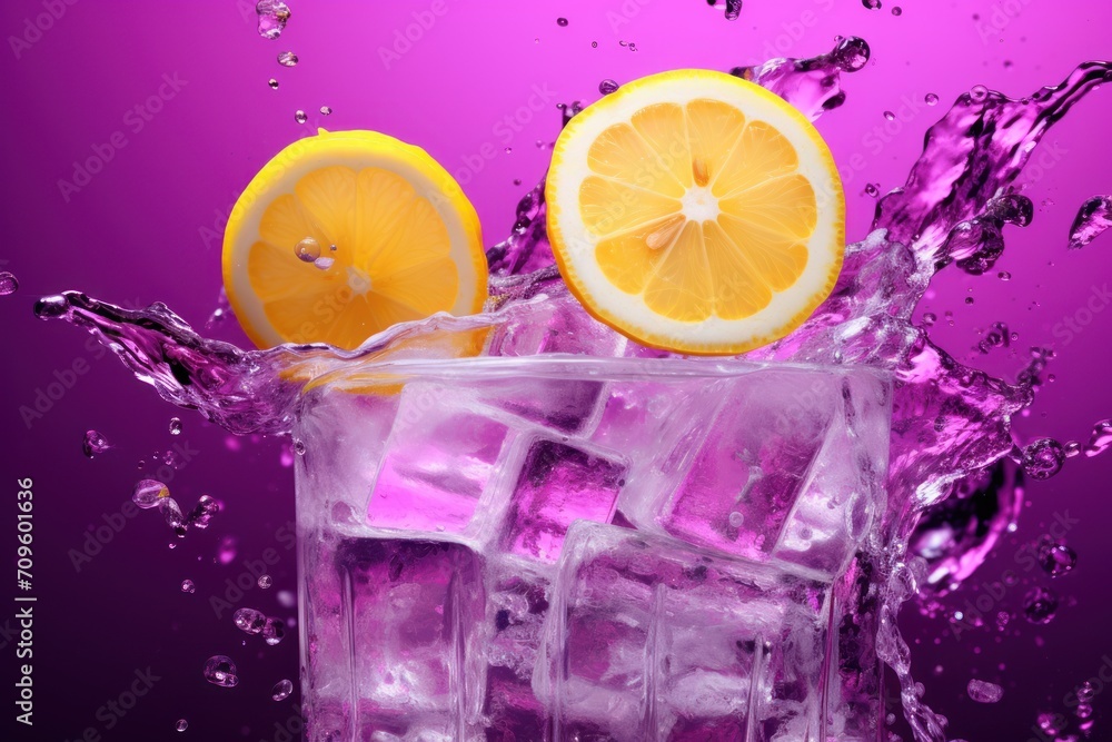 Poster a glass of ice with two lemons and a slice of orange on top of it with water splashing around it.