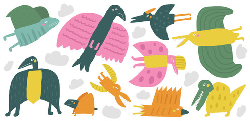 Flying Dinosaurs set. Cute hand drawn doodle sky dinos collection, Pterodactylus, pterodactyl, bird, bat. Jurassic era animals for kids © nadineveresk