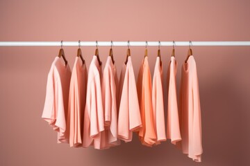 Hangers with peach woman's silk blouses on a beige background. Concepts: fashion, showroom, sale, decluttering, order in the house, organization of space, choice