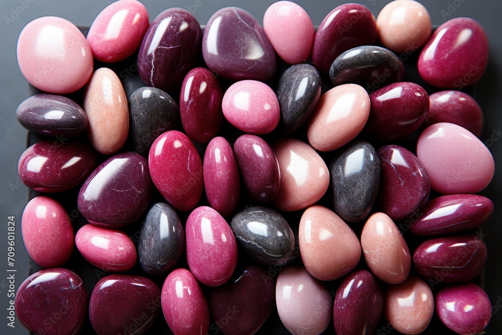 Poster a pile of different colored rocks sitting on top of a black table next to a white and red object on 