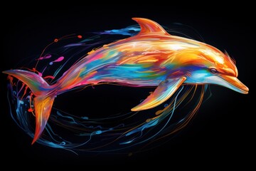  a colorful dolphin on a black background with a splash of paint on the bottom of the dolphin's head.