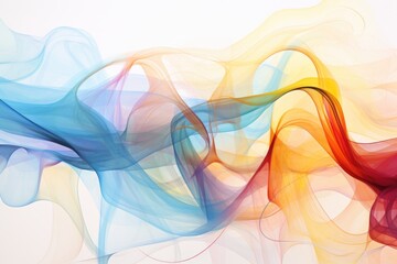  an abstract painting of blue, red, yellow and orange smoke on a white background with a white wall in the background.